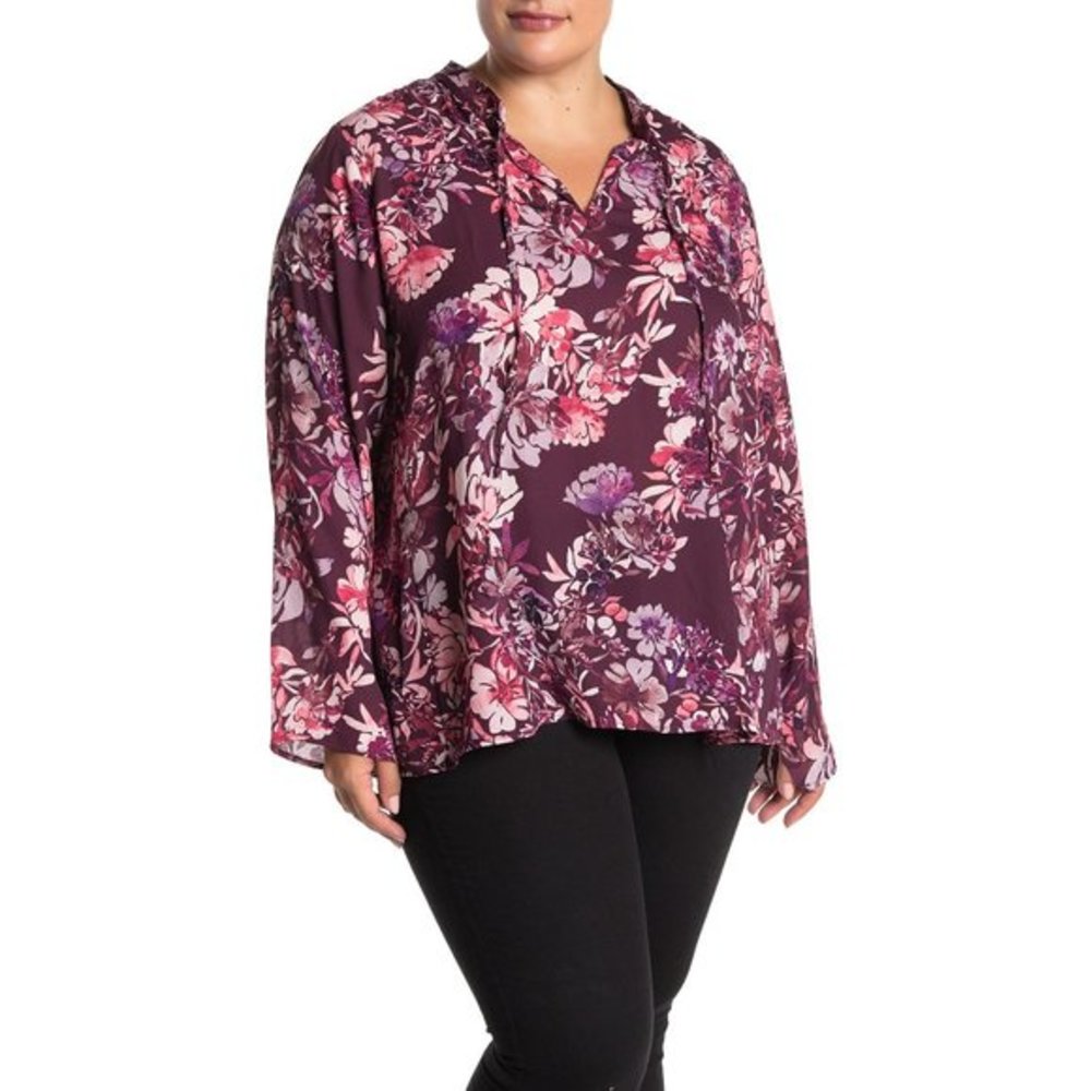 NWT Bobeau Nordstrom Womens Plus Size 1X Floral Tie Neck Blouse Top NEW